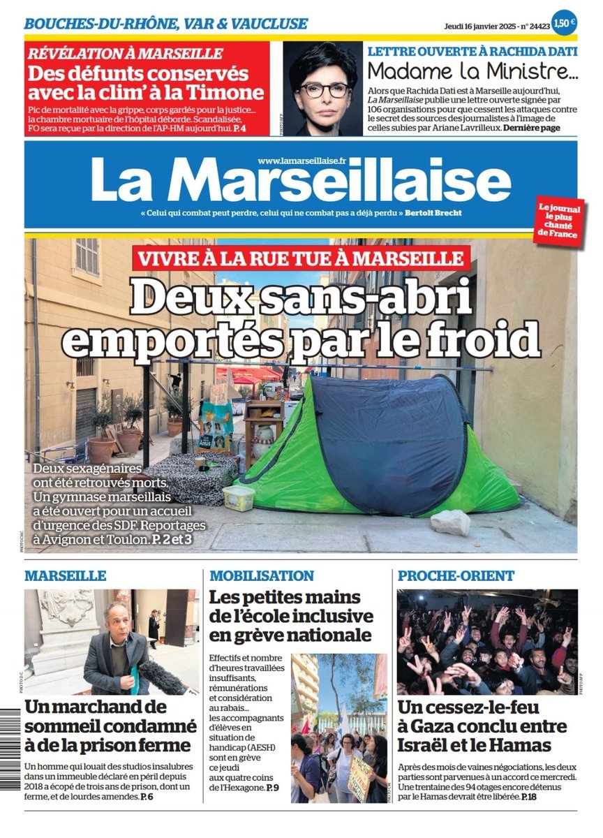 LeoPurguette's tweet photo. #ÀlaUne du 16 janvier 2025  
#SansAbri #SDF #GrandFroid #Misère #Marseille #Timone #ChambreMortuaire #RachidaDati #SecretDesSources #MarchandDeSommeil #BalanceTonTaudis #AESH #Gaza 
En kiosque et par abonnement sur https://t.co/v33E8KiMef https://t.co/TpruZoixay