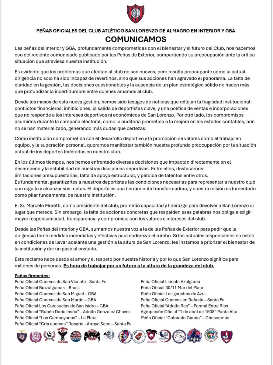 Llamado a todos los socios, hinchas y simpatizantes a unirnos en este reclamo. Juntos, exijamos las respuestas y la rendición de cuentas que toda institución le debe a su gente. Porque San Lorenzo es más que un club,es nuestra pasión, nuestra historia y legado
