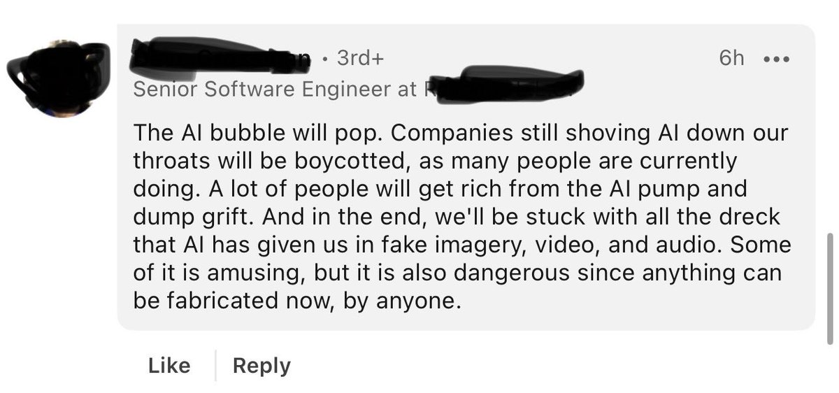 mattshumer_'s tweet photo. The LinkedIn crowd is so out of touch with the reality of AI progress.

Turning a blind eye to AI is easy and feels good, but is dangerously shortsighted.

People need to be starting to think about how they can position themselves for the future — but 99% unfortunately won’t. https://t.co/uSATmsMWXp