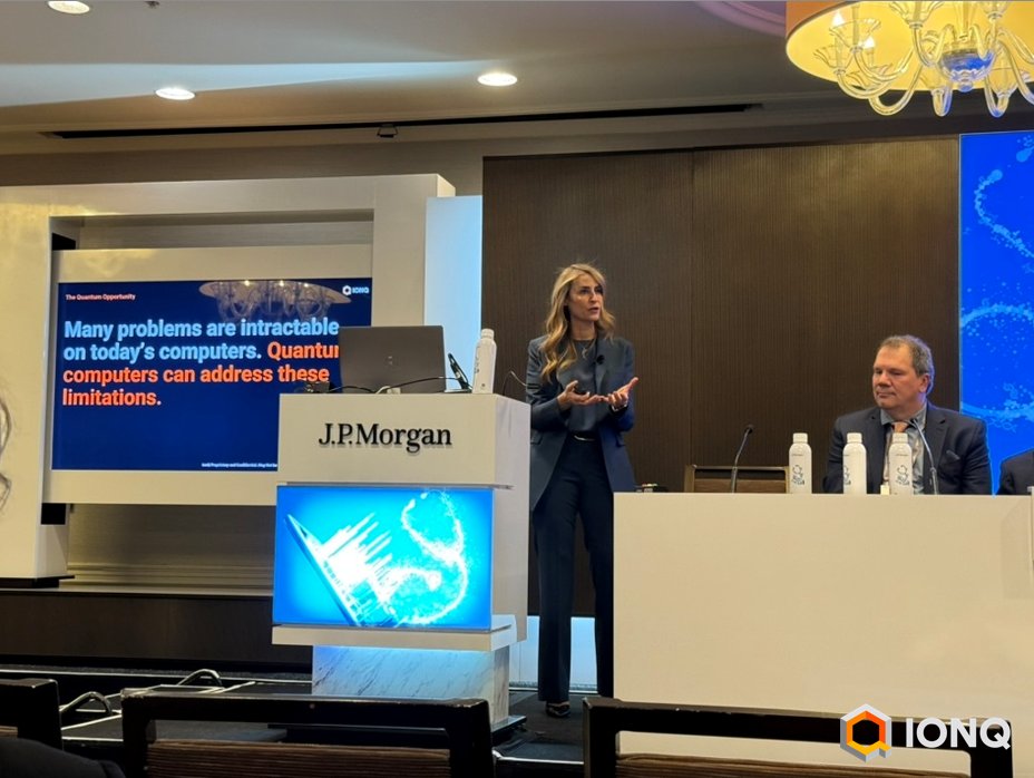IonQ_Inc's tweet photo. Yesterday, IonQ’s Rima Alameddine presented at the #JPM2025 Healthcare Conference to share how it’s using quantum computing to unlock new breakthroughs and solve the world’s most complex challenges in healthcare, chemistry, drug discovery, biopharmaceuticals, and more. https://t.co/yUJ5z8eYhp