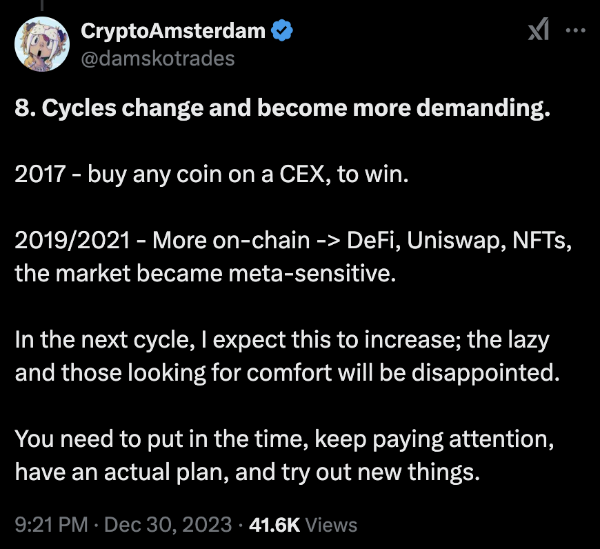 damskotrades's tweet photo. Every cycle is the same: "This time it's different'' and "No Altseason this time."

But the cycle, so far, is playing out in the exact same way:
> Clear range low reclaim pattern.
> Clear cycle pattern.
> Bitcoin first, and Altcoins lag behind
> After the new BTC highs, the 'total 3' and 'others' charts started catching up.
> Bitcoin dominance hasn't even broken down yet.

Relax.

1. BTC
2. Majors
3. Others (altszn)

The only real change each cycle is more altcoin dilution—more sectors, chains, and tokens competing for the same money and attention.

Staying in the right metas, in those getting that attention and inflow, takes more work every cycle.

The chart below also shows it’s not so different:

1. Bitcoin consolidates after the first impulsive leg into new highs.

Everyone assumes it’s over, and we topped without Altseason.

2. At the same time, Bitcoin dominance breaks down from its uptrend but hasn’t started trending down yet.

The moment before the real thing starts.

The chart below shows the current and previous cycle of Bitcoin and the Total altcoin market cap:

> Blue arrows:
2019: Bitcoin breaks the range high; Altcoin market cap still at range low. Altcoins rallied only after Bitcoin broke the ATH.

> Red arrows:
2024: Same pattern—Altcoin market cap at range low; the rally began once Bitcoin broke the ATH.

> Purple arrows:
2019: Bitcoin consolidates after breaking the ATH; Altcoin market cap is below the range high. When Bitcoin resumes, Altcoin market cap broke out.

24/25: Same position right now

Bitcoin and the Total Altcoin market cap are currently at the same spot, following the same type of move as in the previous cycle. 

Bitcoin is consolidating after its first impulsive leg up above the range high, and the Total Altcoin market cap is consolidating below the range high.
