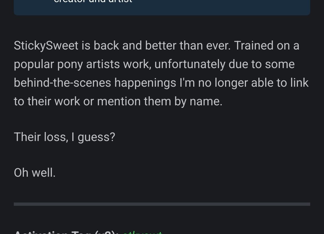 This exact user (not op) also made a model off my art. When I asked the user to take down the model, they refused, and when I contacted the site to take it down, all they did was remove all mentions of my name and left it running. Fuck you <a href="/HelloCivitai/">Civitai</a>