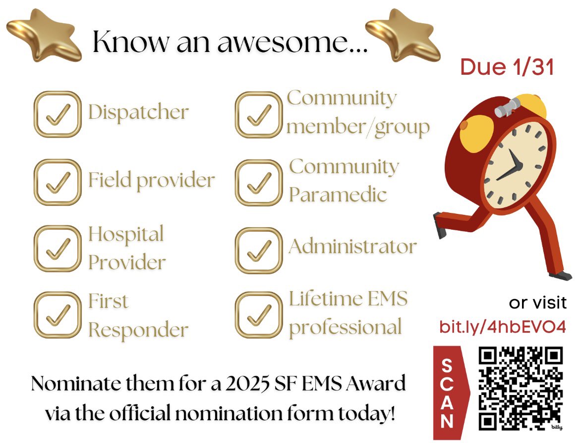 San Francisco Emergency Medical Services Agency (@sf_emsa) on Twitter photo Time is running out to nominate someone for a 2025 EMS Award! Don’t delay, nominate today using the official form: bit.ly/4hbEVO4
<a href="/SFFDPIO/">SAN FRANCISCO FIRE DEPARTMENT MEDIA</a> <a href="/AMR_Social/">American Medical Response</a> <a href="/RoyalAmbulance/">Royal Ambulance</a> <a href="/SF_emergency/">San Francisco Department of Emergency Management</a> <a href="/SF_DPH/">SFDPH</a> <a href="/ZSFGCare/">Zuckerberg SF General Hospital & Trauma Center</a> <a href="/UCSFHospitals/">UCSF Health</a> <a href="/SheriffSF/">SF Sheriff's Office</a> <a href="/SFPD/">San Francisco Police</a> <a href="/sfrecpark/">SF Rec & Park</a> Time is running out to nominate someone for a 2025 EMS Award! Don’t delay, nominate today using the official form: bit.ly/4hbEVO4
<a href="/SFFDPIO/">SAN FRANCISCO FIRE DEPARTMENT MEDIA</a> <a href="/AMR_Social/">American Medical Response</a> <a href="/RoyalAmbulance/">Royal Ambulance</a> <a href="/SF_emergency/">San Francisco Department of Emergency Management</a> <a href="/SF_DPH/">SFDPH</a> <a href="/ZSFGCare/">Zuckerberg SF General Hospital & Trauma Center</a> <a href="/UCSFHospitals/">UCSF Health</a> <a href="/SheriffSF/">SF Sheriff's Office</a> <a href="/SFPD/">San Francisco Police</a> <a href="/sfrecpark/">SF Rec & Park</a>