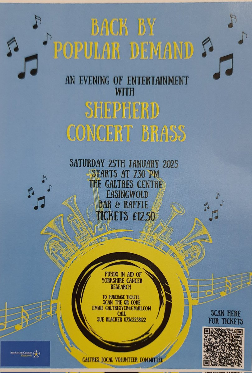 EasingwoldView's tweet photo. By popular demand Shepherd Concert Brass are back to entertain in aid of @yorkshirecancer at the Easingwold Galtres Centre 7.30pm Sat 25th Jan 2025.
Info and tickets available here:
https://t.co/hNdN69o6cP https://t.co/rjWgKVeH33