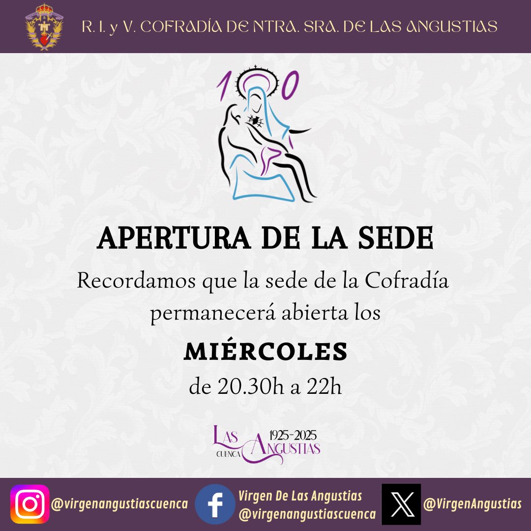 📌APERTURA DE LA SEDE

Durante estos meses de la sede de la Cofradía permanecerá abierta los miércoles de 20.30h a 22h.