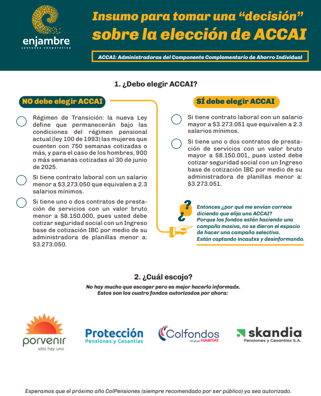 vokaribe's tweet photo. Lxs amigxs de Enjambre Juntanza Cooperativa comparten información sobre la elección de las Administradoras del  Componente Complementario de  Ahorro Individual #ACCAI del nuevo régimen pensional.

Revise su caso, recuerde que hay plazo hasta mañana 16.01.2025 para elegir. https://t.co/vGlQOz8KhC
