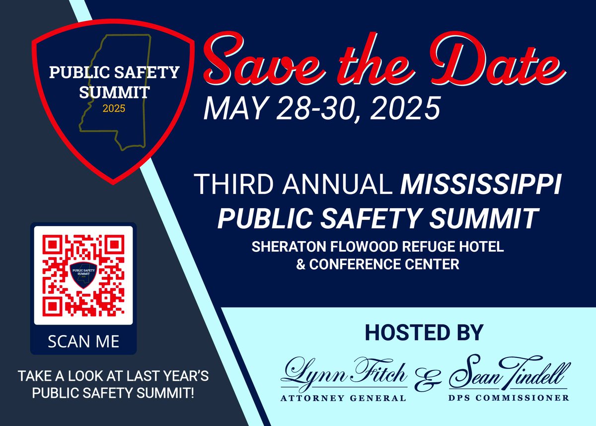 TindellSean's tweet photo. Stay tuned for more details on the 3rd Annual Mississippi Public Safety Summit! 

It’s an honor to host this event alongside @LynnFitchAG, bringing together leaders in law enforcement and public safety to learn, collaborate, and grow. 

I look forward to seeing you all in May! https://t.co/ii0oLEKss0