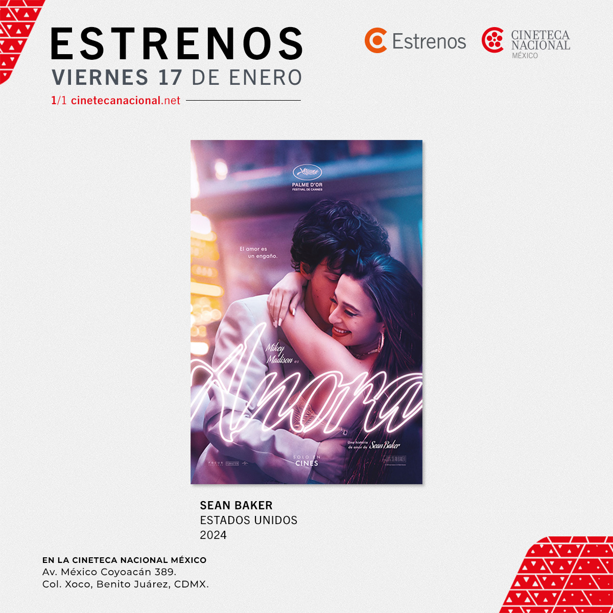 CinetecaMexico's tweet photo. Luego de su exhibición en la #76Muestra, este viernes 17 de enero regresa como estreno regular a las salas de 𝐂𝐢𝐧𝐞𝐭𝐞𝐜𝐚 𝐍𝐚𝐜𝐢𝐨𝐧𝐚𝐥 𝐌𝐞́𝐱𝐢𝐜𝐨 la cinta ANORA (2024) de Sean Baker.  Ingresa a https://t.co/HbbMeEBKUh para conocer fechas y horarios de exhibición. https://t.co/IepTJeB6bI