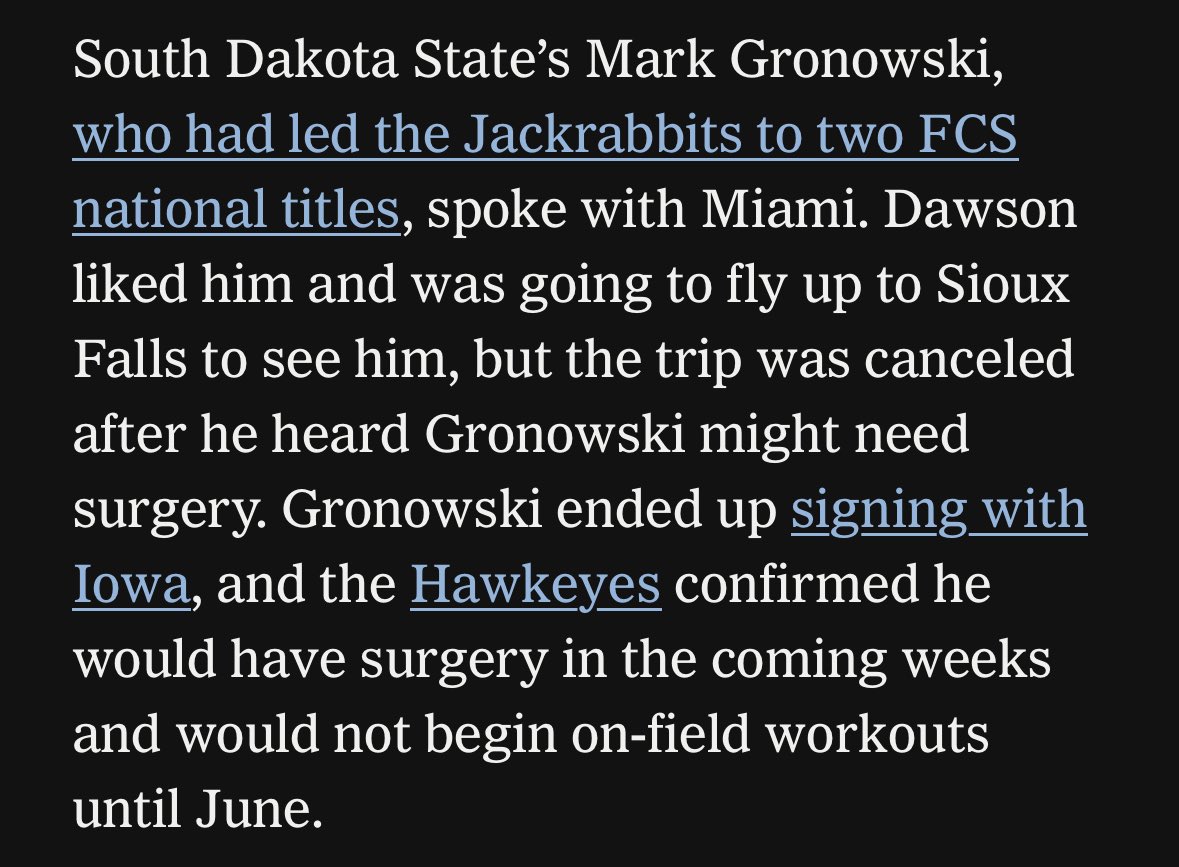 SDempewolf15's tweet photo. @ChadLeistikow @Tyler_T15 @Dargan_Southard Adding to the positive spin on the Gronowski Injury: There was an Athletic article last week that mentioned Miami (pre-Beck signing) was interested in Gronowski until the injury information came to light. Definitely possible that Iowa doesn’t get him if not for the injury. https://t.co/lwHMY8vH50
