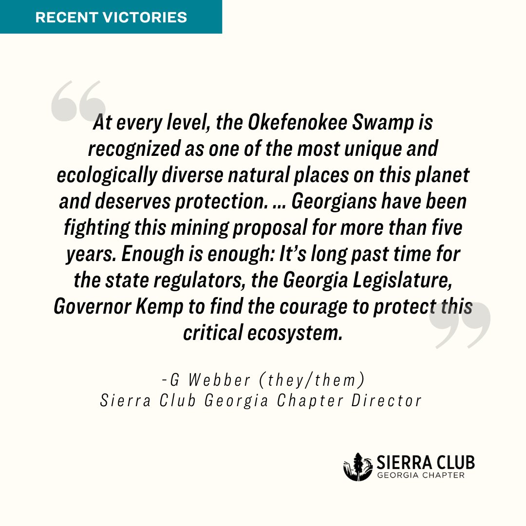 gasierraclub's tweet photo. Some good news to celebrate in our fight to protect the Okefenokee Swamp! Learn more and read Sierra Club Georgia Chapter Director G Webber's full statement at the link below.

https://t.co/NZYd2X0BPA https://t.co/4D6GADErvD