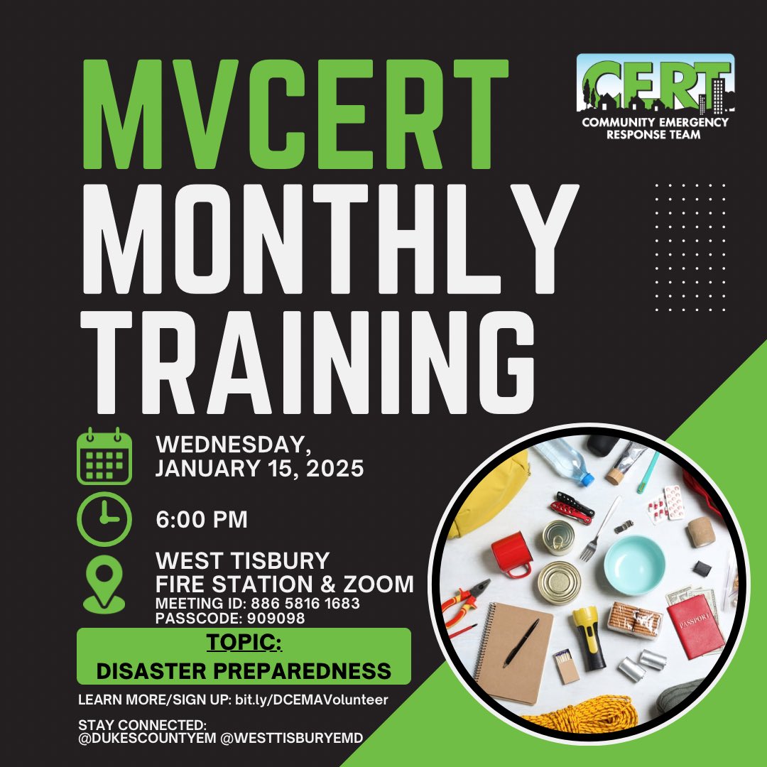 Join #MVCERT’s #DisasterPreparedness Training TONIGHT, Jan 15, at 6PM at #WestTisbury Fire Station or via Zoom! Learn to prepare for emergencies on our island. Open to all 18+. Bring a friend &amp; build resilience!
Meeting ID: 886 5816 1683
Passcode: 909098
🔗us06web.zoom.us/j/88658161683?…