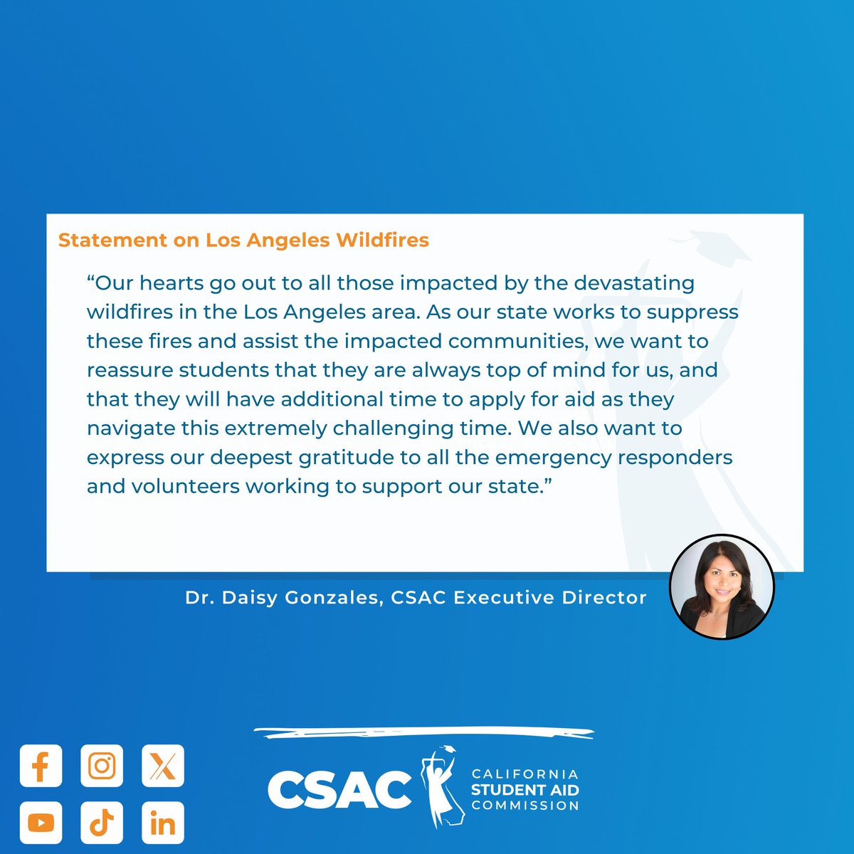 castudentaid's tweet photo. All of us at CSAC have been thinking about our colleagues, students, and families in the Los Angeles area. CSAC announced yesterday that the state priority deadline for students living in Los Angeles and Ventura counties will be extended to April 2, 2025.

#FinancialAid #HigherEd https://t.co/M4t2zwviIK