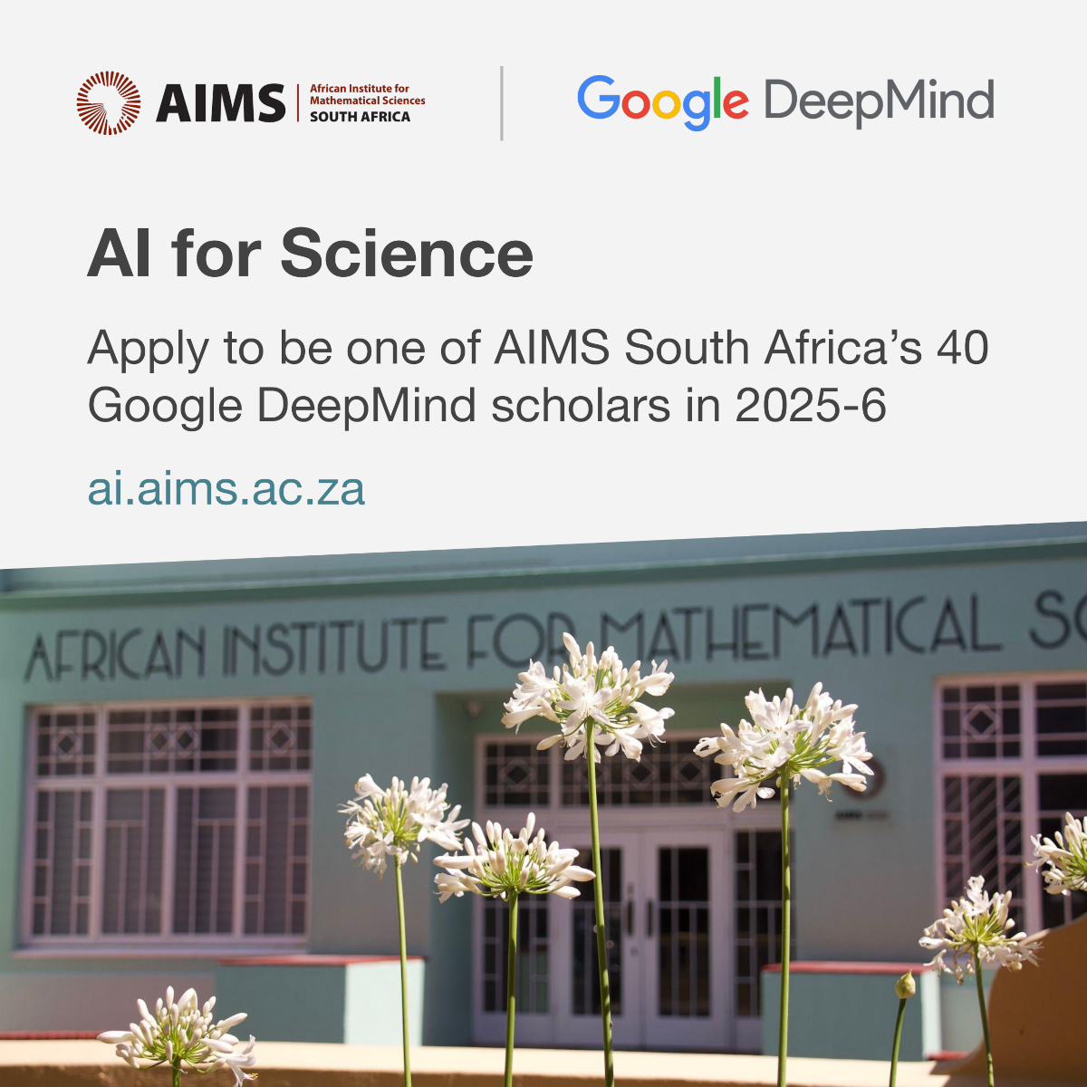 AIMSacza's tweet image. The dream continues! 😍
Thanks to the incredible support of @GoogleDeepMind, there are 40 full scholarships available to students from across Africa at @AIMSacza 🎓. The cherry on top: 1:1 mentorship by @GoogleDeepMind researchers 🍒
Details at ai.aims.ac.za 🧪🌍