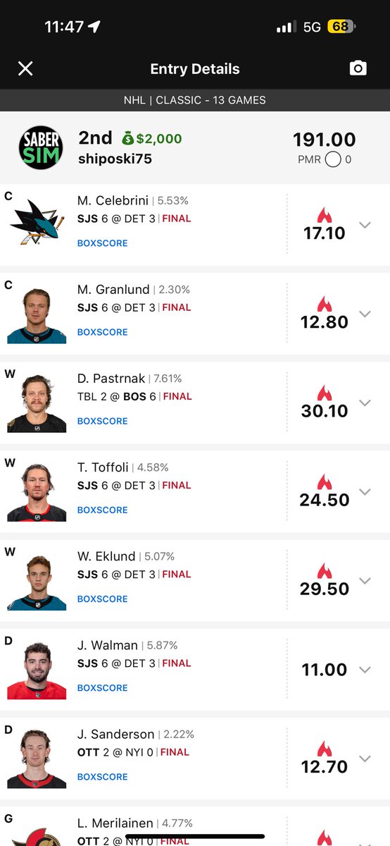 shiposki75's tweet photo. Thanks @SaberSim for helping me navigate the NHL streets last night. 
2nd place! Turned $5 into $2k! https://t.co/mxhQrRHoMp