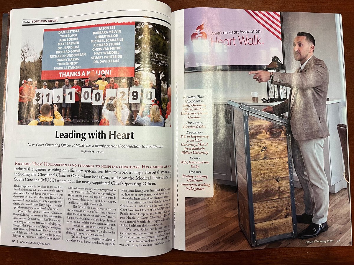 The January/February issue of Charleston Living Magazine includes a great article about Lowcountry Heart Walk chairperson, Rick Hundorfean of @MUSCHealth. The Lowcountry Heart Walk is on February 22nd. Visit spr.ly/6019abnIv to learn more. ❤️