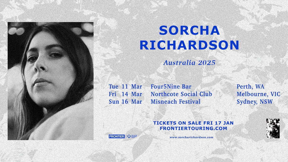 Frontier Touring (@frontiertouring) on Twitter photo ANNOUNCING 🌱 Acclaimed Irish singer-songwriter <a href="/SorchaRichardsn/">Sorcha Richardson</a> will play her debut Australian shows this March! She will also appear at Misneach Festival.
Tickets on sale: Fri 17 Jan at 11am AEDT
🎫 frontiertouring.com/sorcharichards… ANNOUNCING 🌱 Acclaimed Irish singer-songwriter <a href="/SorchaRichardsn/">Sorcha Richardson</a> will play her debut Australian shows this March! She will also appear at Misneach Festival.
Tickets on sale: Fri 17 Jan at 11am AEDT
🎫 frontiertouring.com/sorcharichards…