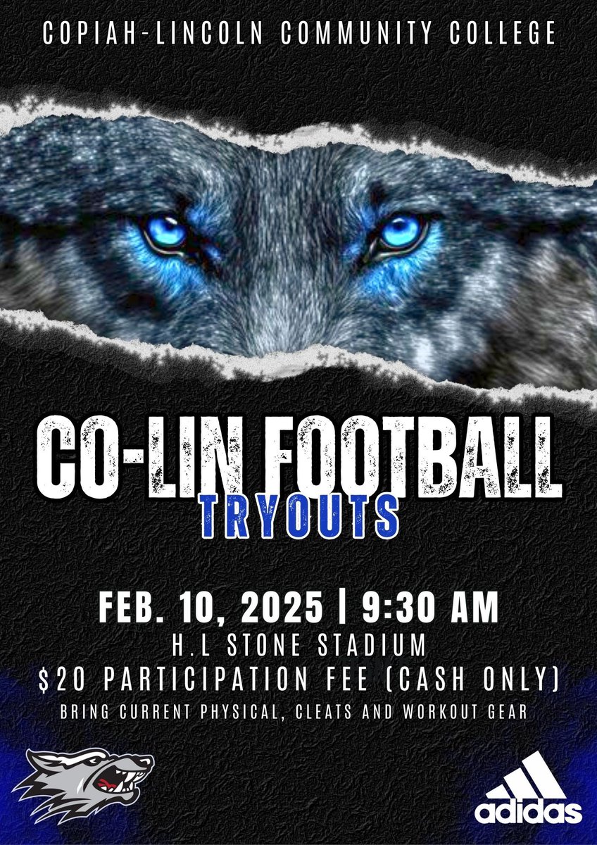 Copiah-Lincoln Community College Football Tryouts. Feb 10 at 930 at Stone Stadium‼️