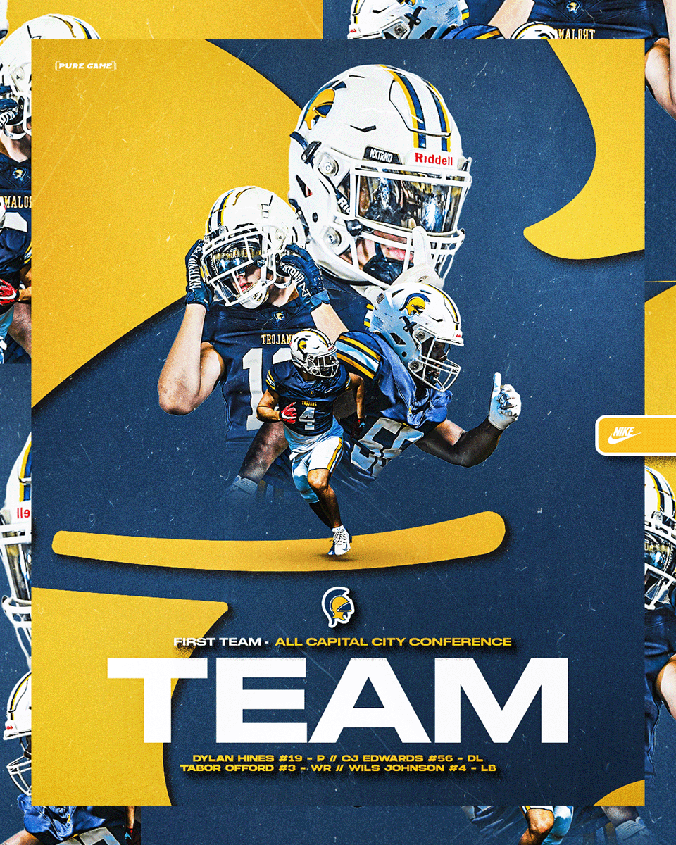 Congratulations to the Trojans who were selected 1st Team All-CCC! #19 JR P Dylan Hines; #56 SR DL CJ Edwards; 4 SR LB Wils Johnson; #16 SR WR Tabor Offord!