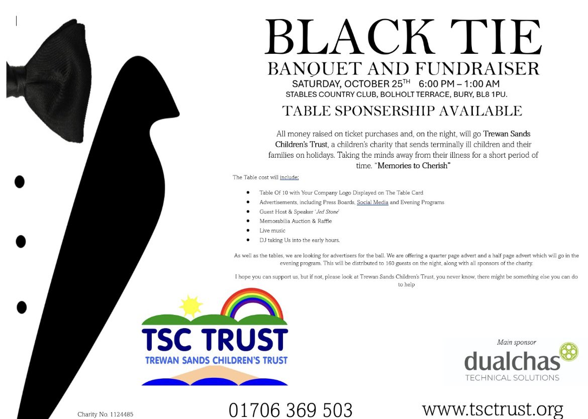 TSCTrust's tweet photo. If you would like a ticket, table (inc 3 course meal)able to donate a raffle prize or would like to advertise in the program at very reasonable prices (distributed to 160 guests on the night as well as all TSC supporters our call 01706 369503 or email admin@tsctrust.org https://t.co/AHfwThXeZp