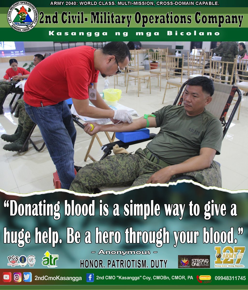 92ndK's tweet photo. QUOTE OF THE DAY
"Donating blood is a simple to give a huge help. Be a hero through your blood."
#strongoneafpphilippine
#KaagapayNgMgaBikolano
#MatatagNaHukbongKatihan
#strongarmystrongrepublic
#kasangga2024
#followerseveryone
#quoteoftheday https://t.co/uBGhCwePZw