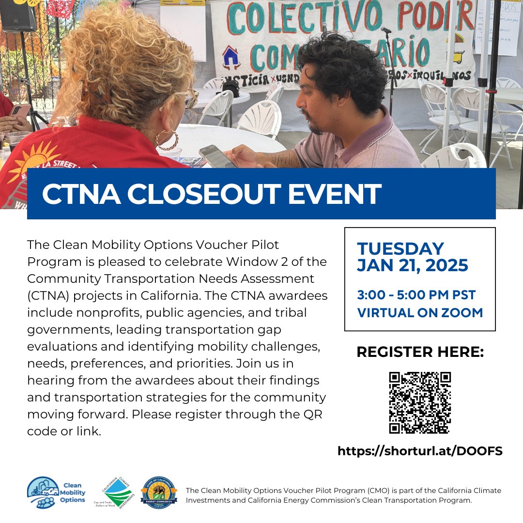 Clean Mobility Options Voucher Program (@cacleanmobility) on Twitter photo Thanks to our <a href="/CACleanMobility/">Clean Mobility Options Voucher Program</a> work, we will celebrate the completion of Community Transportation Needs Assessment vouchers funded by <a href="/CalEnergy/">California Energy Commission - ⚡#CalEnergy</a> and <a href="/CAClimateInvest/">California Climate Investments</a>. Join us on Jan. 21 to learn about our #CleanMobilityForAll achievements. shorturl.at/DOOFS Thanks to our <a href="/CACleanMobility/">Clean Mobility Options Voucher Program</a> work, we will celebrate the completion of Community Transportation Needs Assessment vouchers funded by <a href="/CalEnergy/">California Energy Commission - ⚡#CalEnergy</a> and <a href="/CAClimateInvest/">California Climate Investments</a>. Join us on Jan. 21 to learn about our #CleanMobilityForAll achievements. shorturl.at/DOOFS