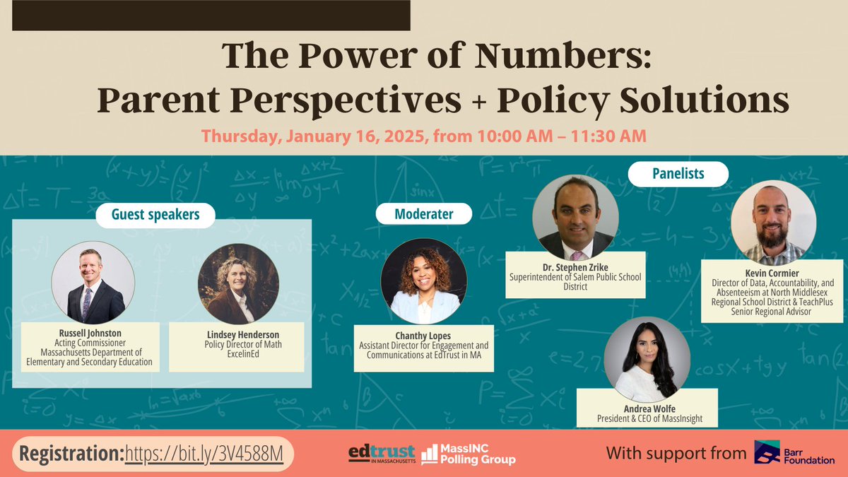 MassINC Polling (@massincpolling) on Twitter photo Don't miss out! TOMORROW, 1/16, join us & <a href="/EdTrustMA/">EdTrust in MA</a> for a virtual event!
You won't want to miss the release of our K-12 parent poll findings on math, policy solutions discussion, key speakers, expert panelists and more!
Register now: bit.ly/3V4588M Don't miss out! TOMORROW, 1/16, join us & <a href="/EdTrustMA/">EdTrust in MA</a> for a virtual event!
You won't want to miss the release of our K-12 parent poll findings on math, policy solutions discussion, key speakers, expert panelists and more!
Register now: bit.ly/3V4588M
