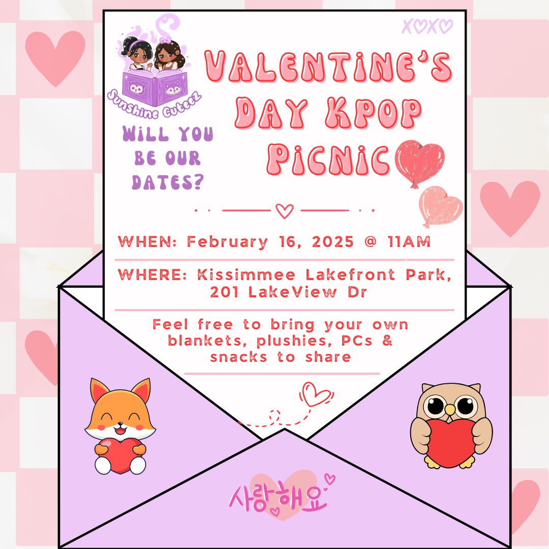 SunshineCuteez's tweet photo. Sweet treats, soft dreams, and K-pop beats this Valentine's Day. 💕✨Join us for a picnic made for the perfect vibe-just like our favorite love songs ❣️🎶 We'll have music, random play dance, and snacks! Will you be our valentines?

#kpop #kpopflorida #sunshinecuteez #orlando https://t.co/lGWoa4I1vC