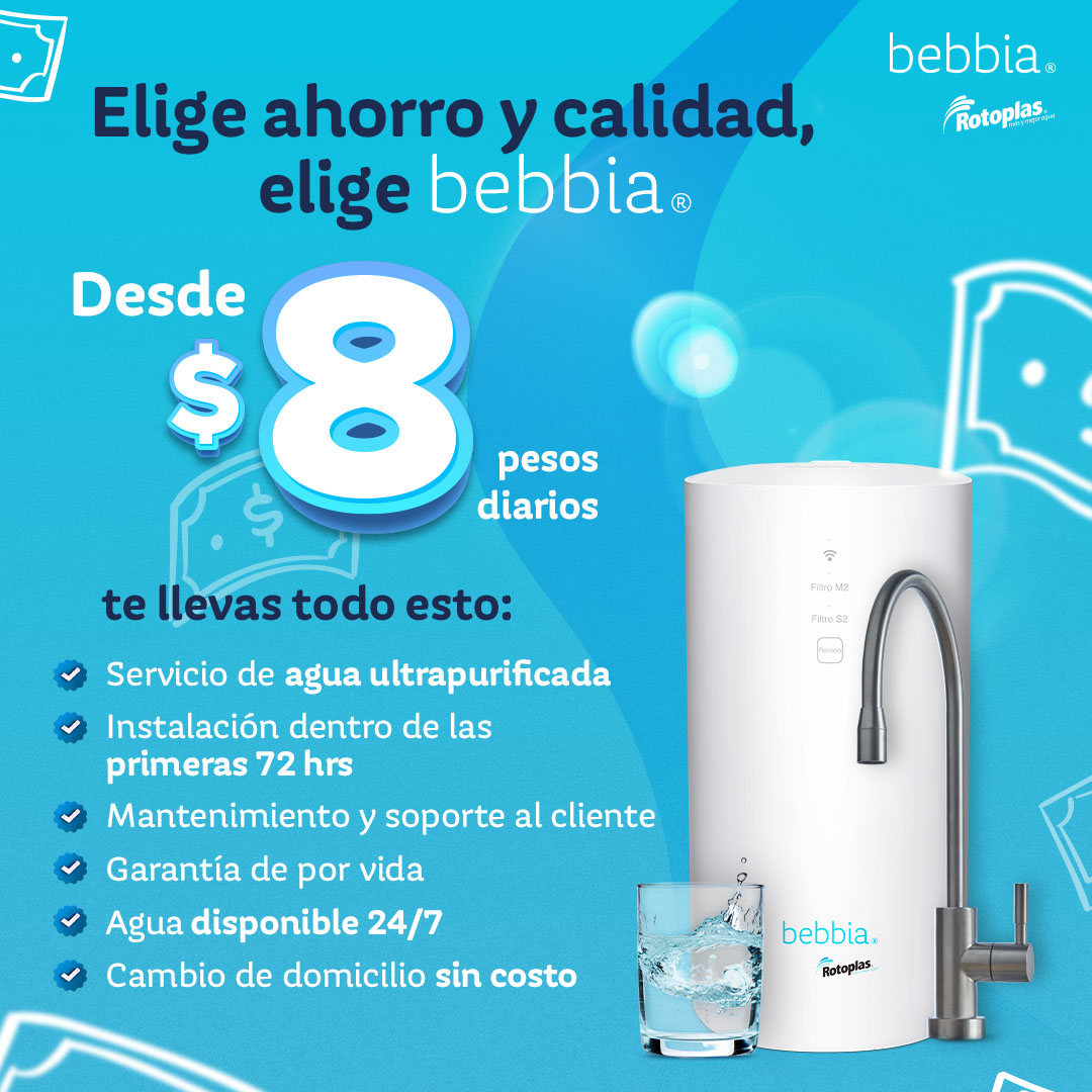 Con bebbia, tienes más que un purificador, tienes un servicio completo. 💧⭐

Por solo $8 al día, disfruta de agua ultrapurificada con instalación gratuita, mantenimiento preventivo y garantía de por vida, avalado por la COFEPRISy respaldado por Rotoplas.

¡Hazlo fácil, hazlo