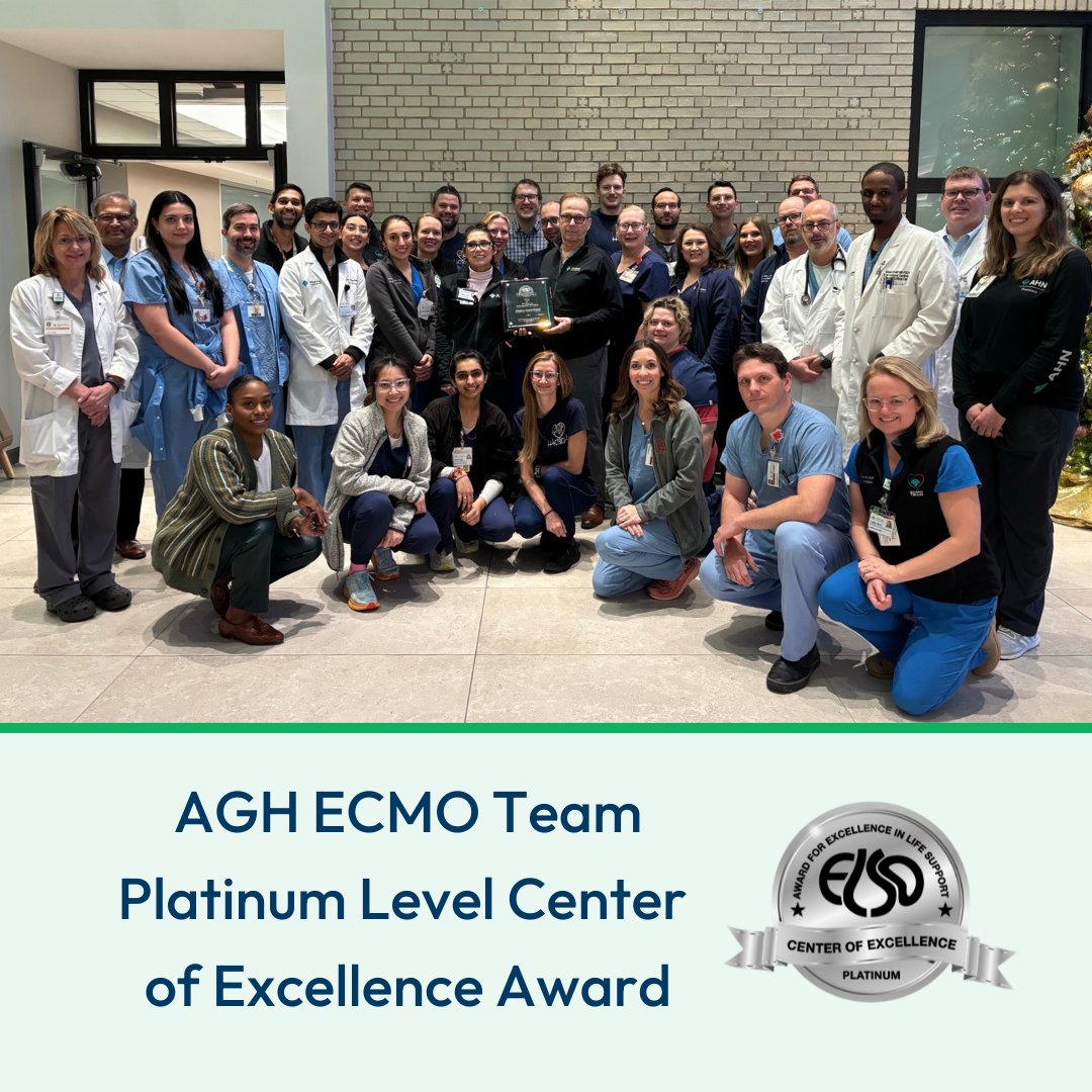 The Allegheny General Hospital extracorporeal membrane oxygenation (ECMO) team has been designated a Platinum Level Center of Excellence, one of just 18 centers in the country recognized by <a href="/ELSOOrg/">ELSO</a> for the highest level of life support care. Congratulations, team!