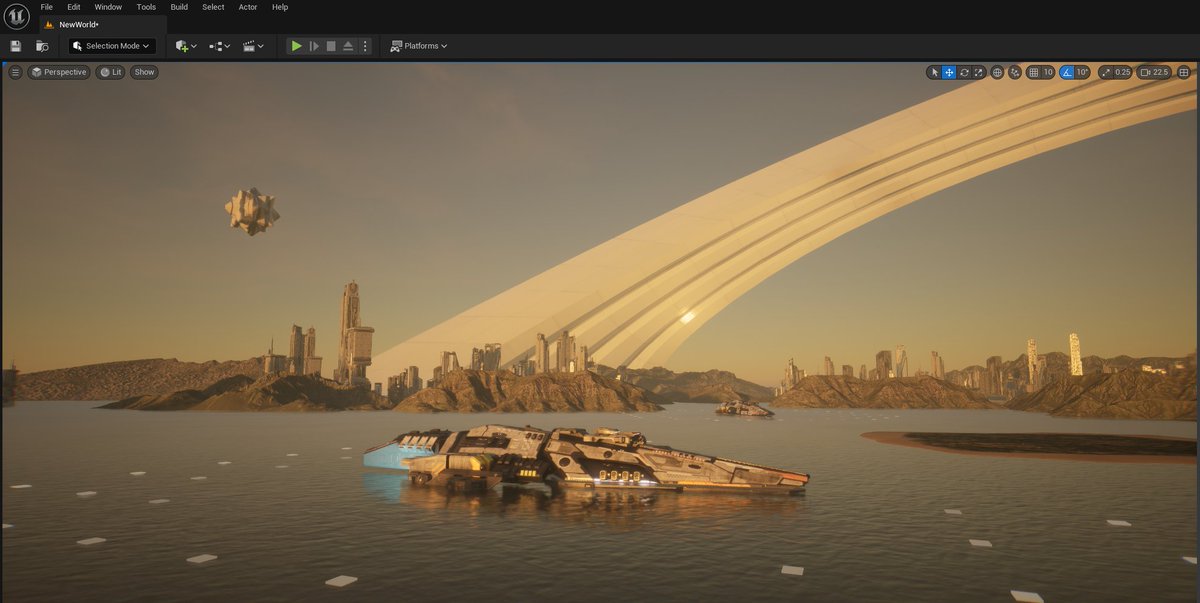 Update #5:
Everything in the screenshot is procedural!
 
Background cities, megalithic structures, ships, floating hubs, and distant landscape features (mountains here, but can also be cliffs, icebergs, giant crystal formations etc.) using procedural replacement.

#Elysium