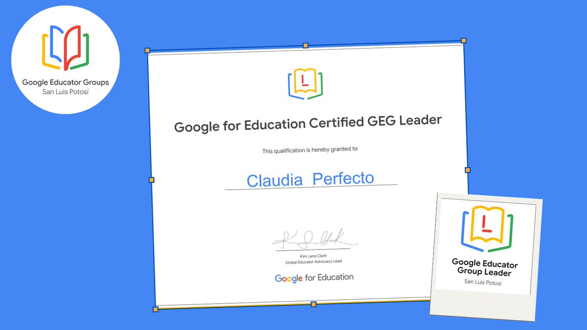 Un gusto compartir con ustedes la certificación de  <a href="/clauperfecto/">Claudia Perfecto</a>  cómo líder GEG SLP, reafirmando su compromiso para que sigamos creciendo juntos en comunidad. Los invitamos a sumarse a las iniciativas que estaremos compartiendo con ustedes! <a href="/GEGHispano/">GEG Hispanoamérica</a> <a href="/GoogleForEdu/">Google for Education</a> #gegprogram