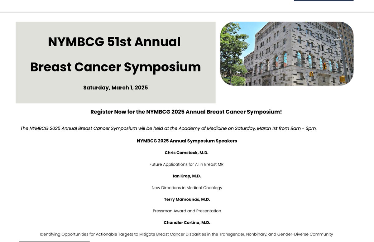 Attention all NY Breast Oncology providers‼️ Our 51st Annual Breast Cancer Symposium registration is now OPEN - nymbcg.wildapricot.org/event-5977783
Looking forward to hearing from this stellar lineup!