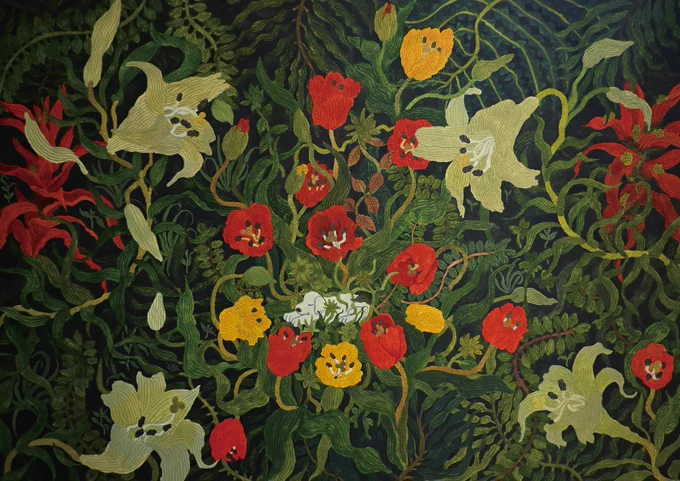 【次回展示】2025年3月22日~4月3日に名古屋で個展をします。個展『はっぱのおどり』の展示作品「おそろしいよるはいっしょにねむろう」(添付画像)、「てんごくがやさしいところでありますように」を持っていく予定です。書き下ろし原画ももちろんあります。よろしくお願いいたします。 