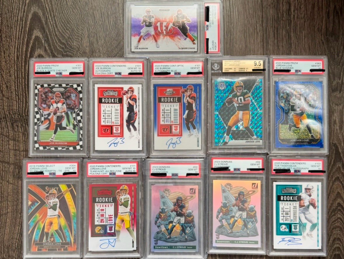 Looking to trade into some higher end stuff. Show me some $7k plus cards (the good players, nice cards). Prefer PSA 10, BGS 9.5’s. Pic below of trade bait. RT’s and shares appreciated!