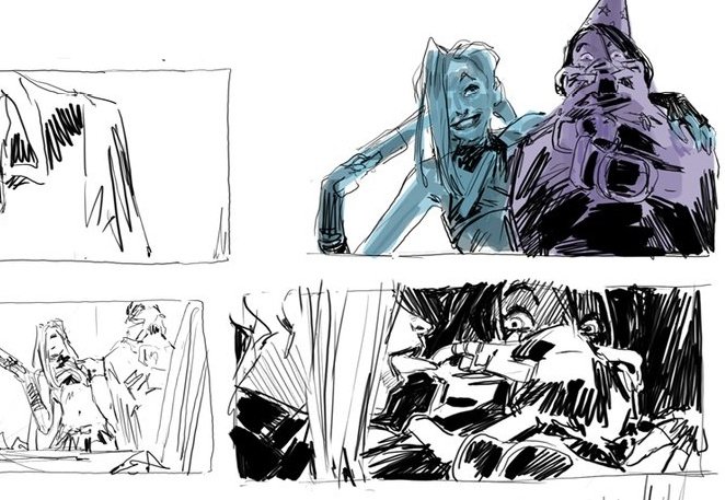 sazuuco's tweet image. Jinx licking Cait's face in storyboard.....