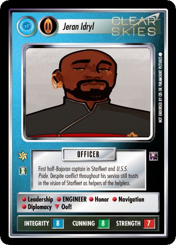 Jeran Idryl cards for ClearSkiesCCG. Starfleet and Bajoran versions. Art by Kaitlin Bruder <a href="/kkamabr/">@bruderkaitlin.bsky.social</a> Played by <a href="/TheNoirEnigma/">GM Punk</a> The Last Excelsior by <a href="/StreampunksRPG/">The Streampunks RPG Group</a>  on <a href="/AltHaven_/">AltHaven</a> STA2E by <a href="/Modiphius/">Modiphius</a> #AuxCrew