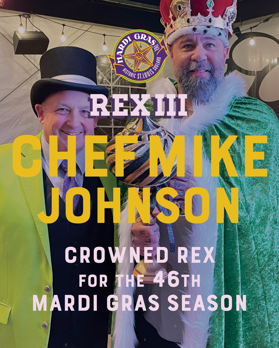 👑 Announcing Rex XIII: Chef Mike Johnson 👑

The culinary king of St. Louis, Chef Mike Johnson, has been crowned Rex XIII for the 46th Soulard Mardi Gras season! 🎉 

💜💛💚

All 2025 event ticket now available at STLMardiGras.org!