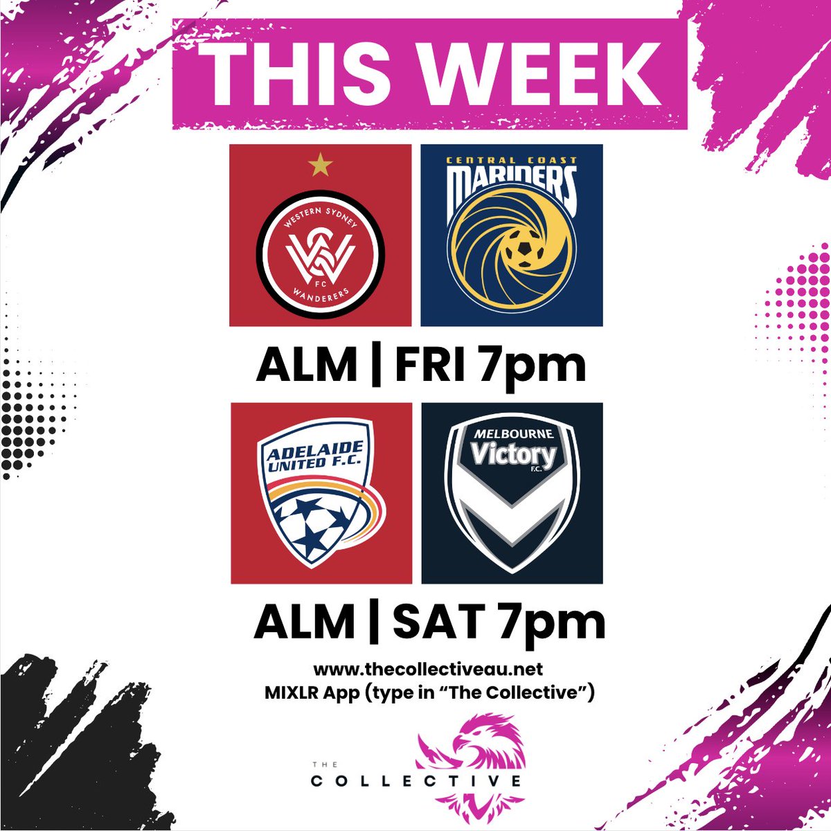 OnTheCollective's tweet image. BROADCAST SCHEDULE | Two major @aleaguemen contests this weekend on The Collective!

Friday night the @wswanderersfc host the @CCMariners in Parramatta #WSWvCCM

Saturday we head to Coopers Stadium for the first time for the #OriginalRivalry @AdelaideUnited vs @gomvfc #ADLvMVC