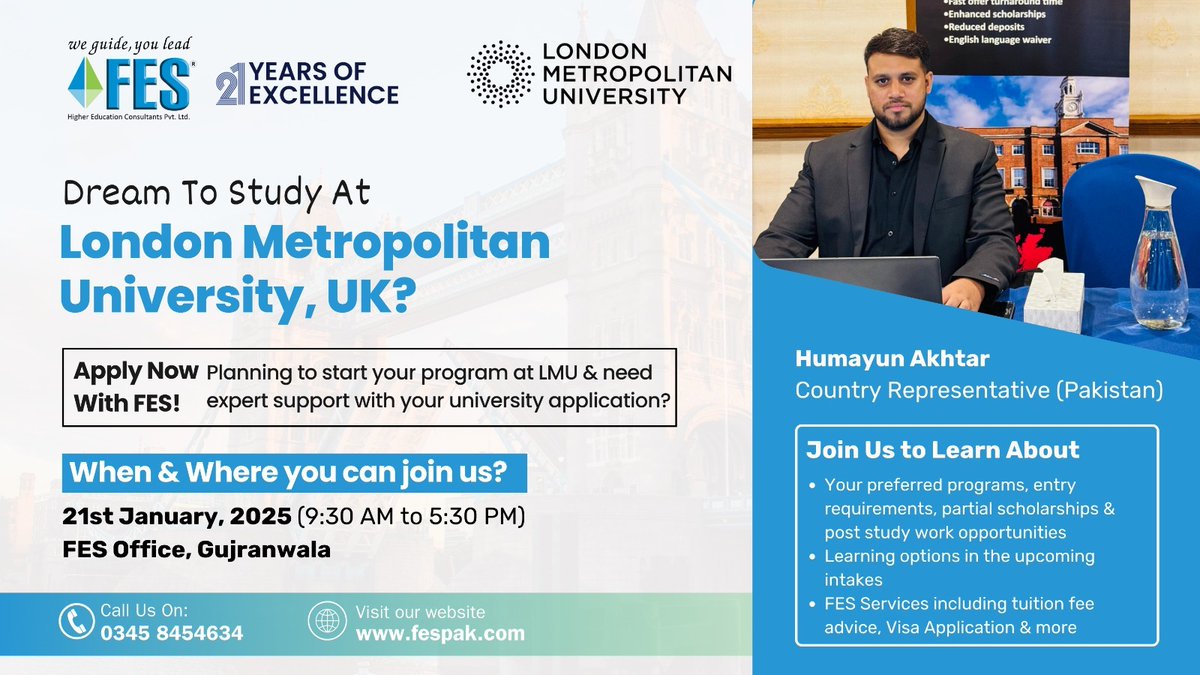 Ahmerfid's tweet photo. 🎓 Study in the UK! Meet Mr. Humayun Akhtar from London Metropolitan University at FES Gujranwala.

📍 Trust Plaza, GT Road
📞 0345-8454634 | 🌐 https://t.co/oZ5AJp82zQ
#StudyInUK #LMU #FES2025 #Scholarships #Gujranwala https://t.co/YR4ic5a38I