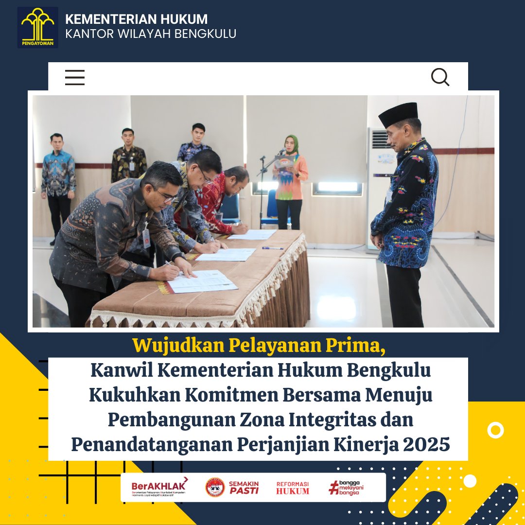 kemenkumbkl's tweet photo. Wujudkan Pelayanan Prima, Kanwil Kementerian Hukum Bengkulu Kukuhkan Komitmen Bersama Menuju Pembangunan Zona Integritas dan Penandatanganan Perjanjian Kinerja 2025

https://t.co/CPYGpLeMC8

#KementerianHukumRI 
#KemenkumRI 
#KemenkumBengkulu 
#Sasmita 
#LayananHukumMakinMudah https://t.co/0gZDJS1Rw9