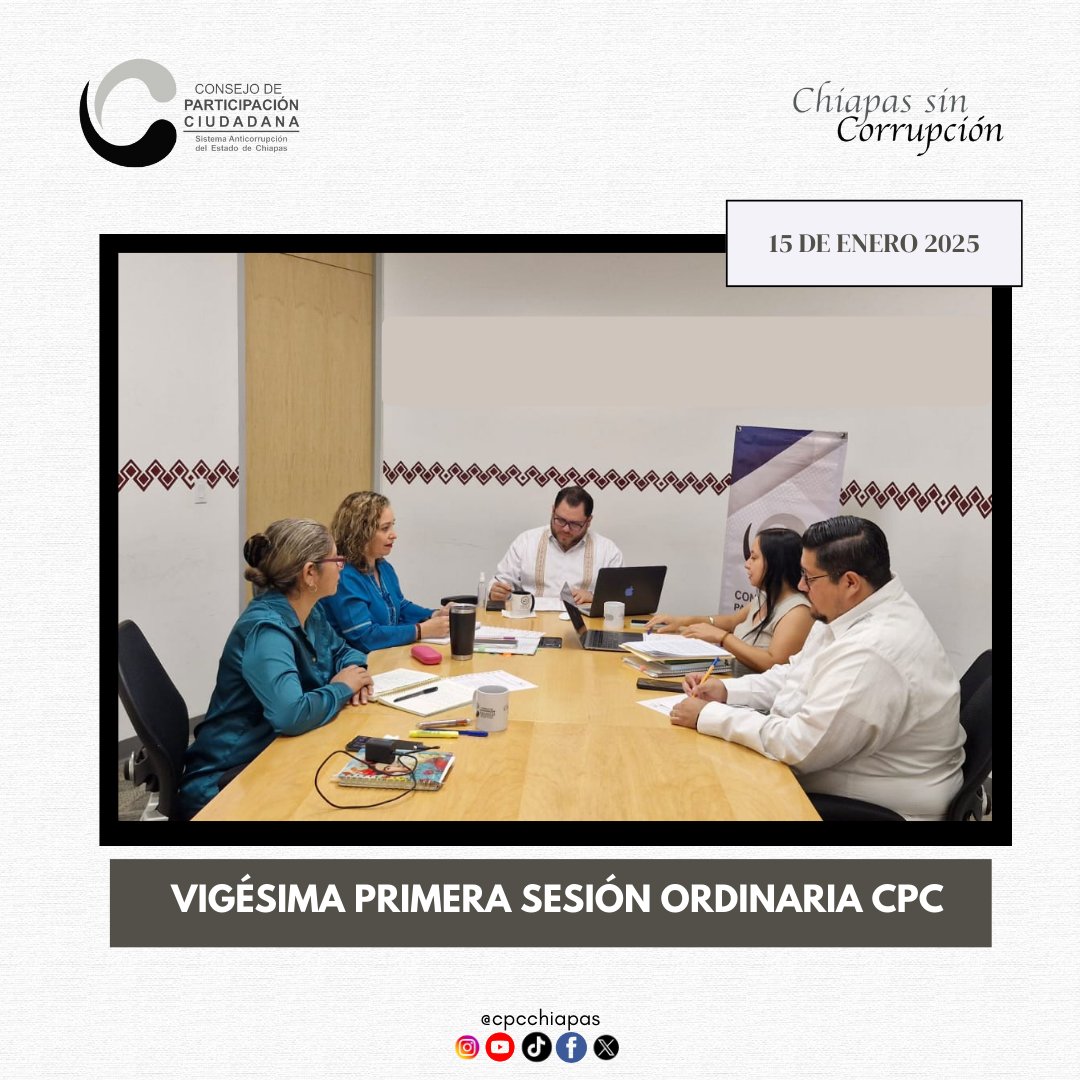 CpcChiapas's tweet photo. Hoy se llevó a cabo la 21ª  Sesión Ordinaria del @cpcchiapas 2024-2025, presidió el Dr. @RRiosZenteno, asistieron los Consejeros Maritza Pintado, Sara Maza, Karla Martínez y @Montesinos87875, se aprobaron asuntos del #CPCSAECH

https://t.co/RlPNHupVH3

#ChiapasSinCorrupción https://t.co/ex7JmipY01