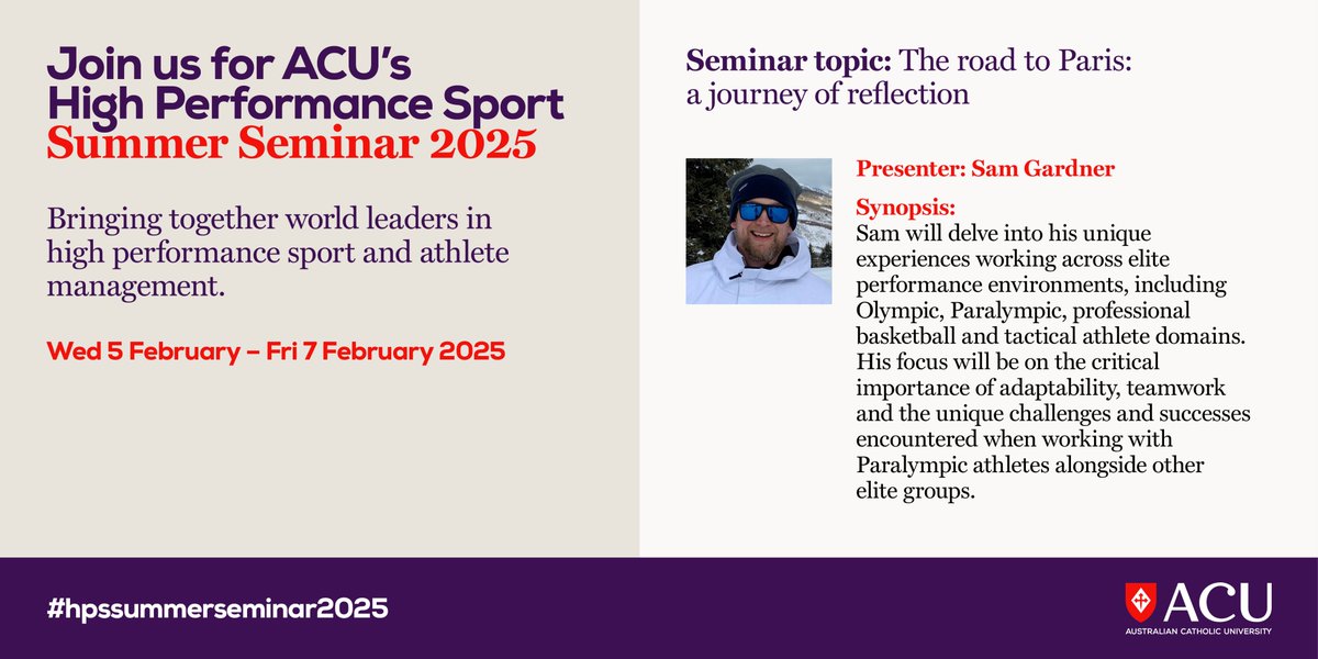 We are very excited to have Sam Gardner on board &amp; to hear his unique perspectives working with the team at <a href="/USOlympic/">Team USA </a> &amp;  Paralympic during the games in 2024. 
To register visit acu.edu.au/hpssummersemin…