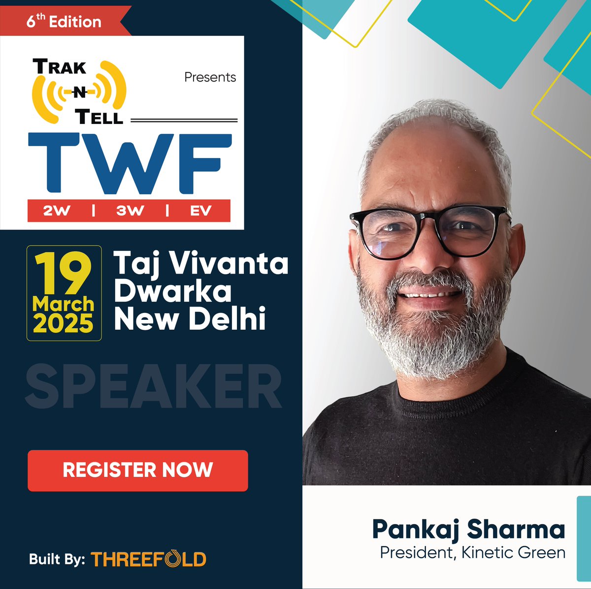 forum_two's tweet image. Join us at the 6th edition of 2W, 3W &amp;amp; EV Forum (TWF presented by Trak N Tell) on March 19, 2025, featuring Pankaj Sharma, President, Kinetic Green.
Block your seat at 30% off: bit.ly/495TVtU
Raghav Shankar: +91 9599881027 | raghav@threefold.in #twowheeler #3w #ev