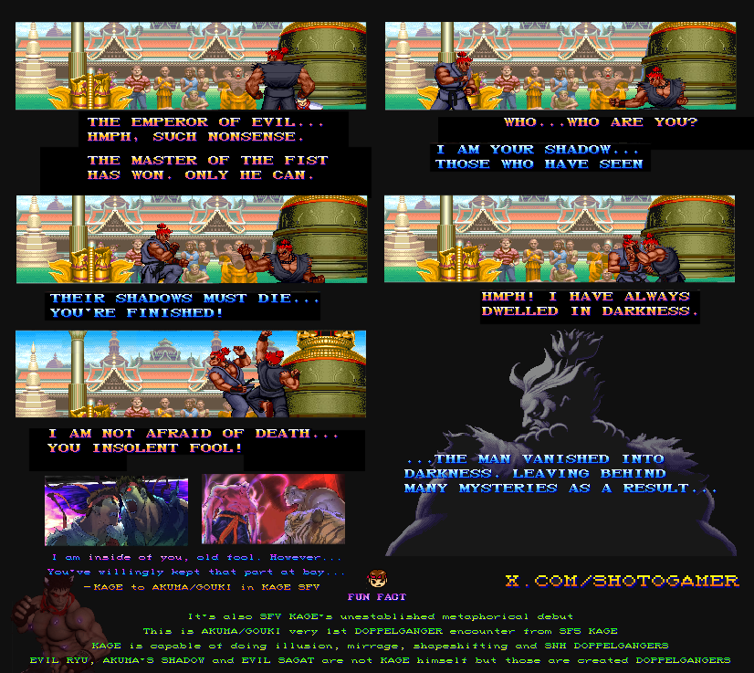 ShotoGamer's tweet photo. #SSFIIX by #AkumaST #GoukiST his SHADOW, His silhouette at the end of #SSFIIT. It happened also in his #SuperTurbo GBA. It might be now a metaphorical figure to represent #SF4Oni and #SFVKage in the later canon lore #SuperX #STGBA #SSF2T #SSF2x

#STAkuma #STGouki #SF5Kage https://t.co/2MwjFozmrI