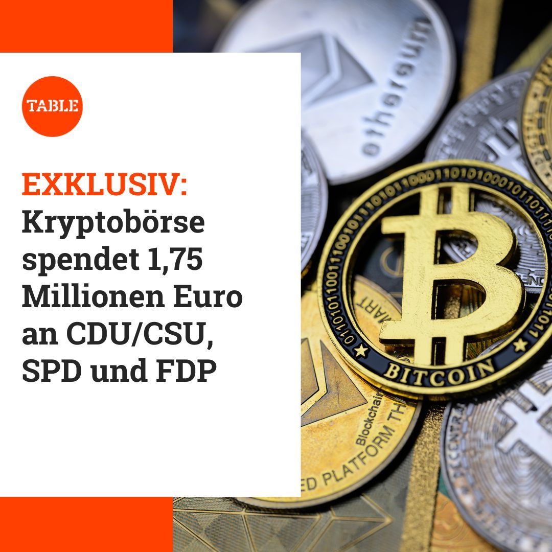 #EXKLUSIV: <a href="/Bitpanda/">Bitpanda</a>, eine führende Handelsplattform für Kryptowährungen, überweist 1,75 Millionen Euro an Parteien. Jeweils 500.000 Euro sollen an CDU, SPD und FDP gehen, 250.000 Euro an die CSU. 

Mehr dazu lesen Sie kostenlos im Berlin.Table 👉 buff.ly/3BYP7e5