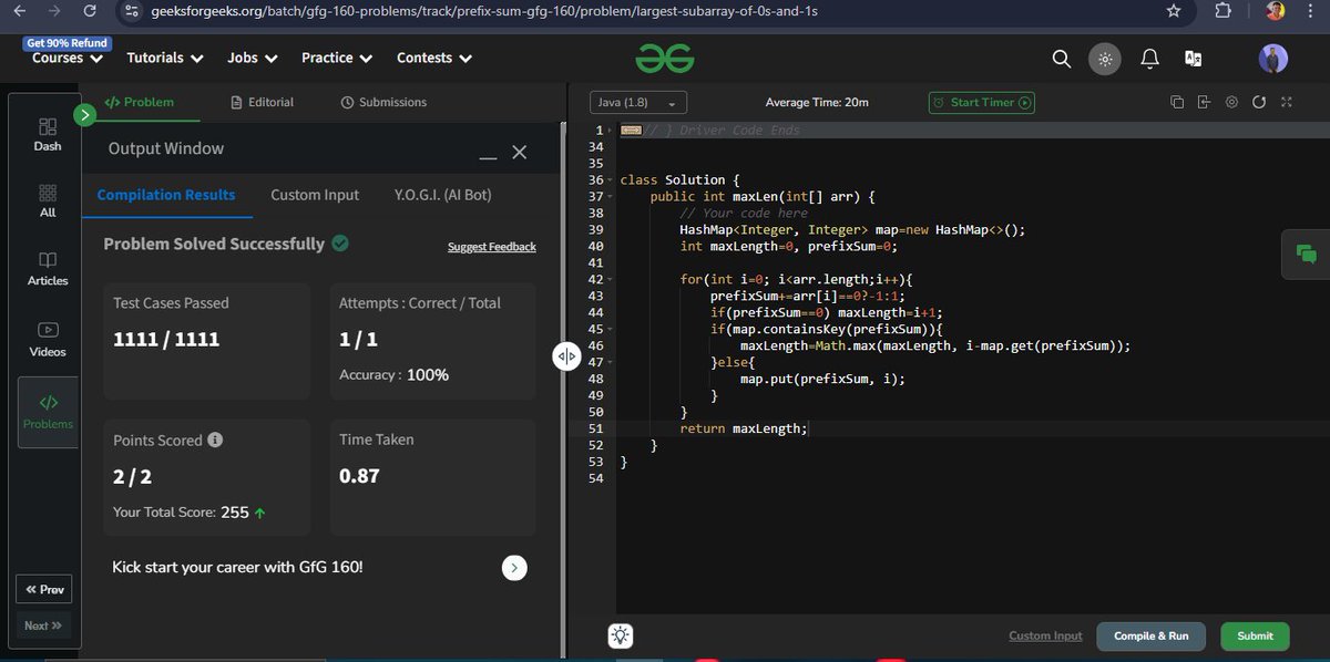 ShubhamBhoite98's tweet photo. Day 63: #gfg160 β
Problem: Largest subarray of 0's and 1's !
@geeksforgeeks #geekstreak2024 #100DaysOfCode #CodingChallenge #GeeksForGeeks #GeekStreak #ProgrammingLife #CodeWithJava #ProblemSolving https://t.co/koQ9XNJaZx
