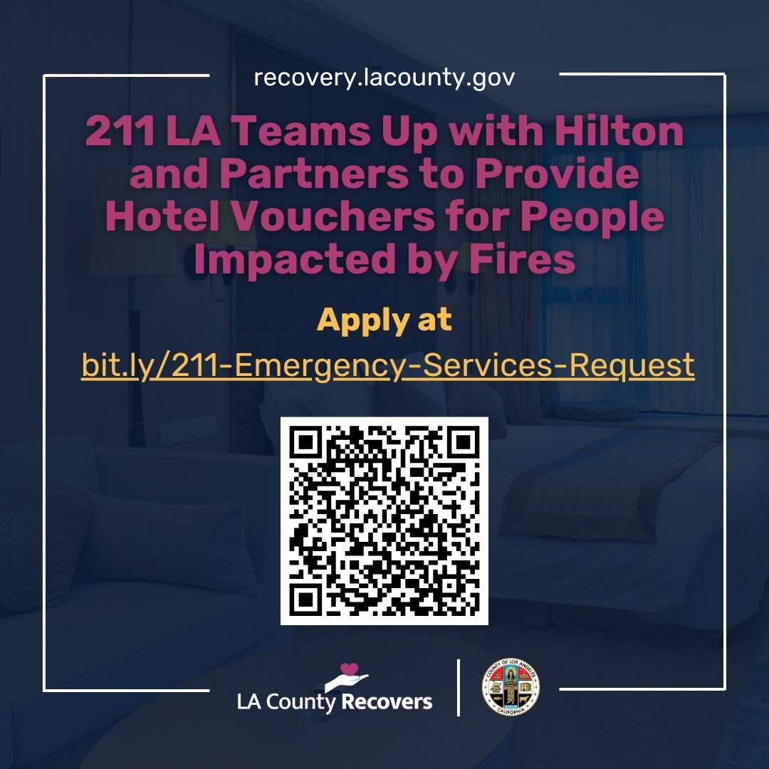 211 LA Teams Up with Hilton and Partners to Provide Hotel Vouchers for People Impacted by Fires. Apply at
bit.ly/211-Emergency-…