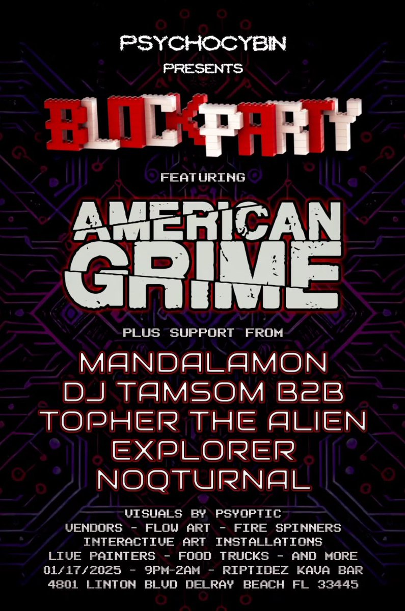 Explorer 🌊 (@explorerdnb) on Twitter photo Block Party this Friday !!! It's gonna be fire. Come thru gonna be bangers all night with the fam :) I'll be playing 1-2AM after AG, ready to spin some disgusting Jump Up, It's on! ... <a href="/AmericanGrime_/">All Day! Everyday! AG The Team!</a> <a href="/PsychocybinREC/">☢ Psychocybin Recordings ☢</a> Block Party this Friday !!! It's gonna be fire. Come thru gonna be bangers all night with the fam :) I'll be playing 1-2AM after AG, ready to spin some disgusting Jump Up, It's on! ... <a href="/AmericanGrime_/">All Day! Everyday! AG The Team!</a> <a href="/PsychocybinREC/">☢ Psychocybin Recordings ☢</a>