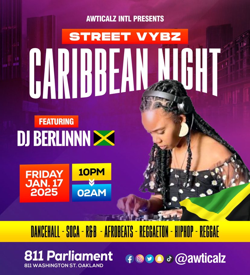 Awticalz's tweet photo. ⏰ When: FRI. Jan. 17th 2025 (S/V FRIDAY - (((CARIBBEAN 🏝️ NIGHT) 🆓 B4 11PM 🎟️ 
 #REGGAE 🔊 #DANCEHALL 🔊 #SOCA 🔊 

📍WHERE: @811parliament • 811 Washington St. 

Bottles🍾 &amp; Drink 🥃 Specials all 🙌 night. 🎇
🇯🇲 FOOD TRUCK 🚐 ON SITE 😋 @countrypeppa510 

@811parliament https://t.co/PbVpDgww7C