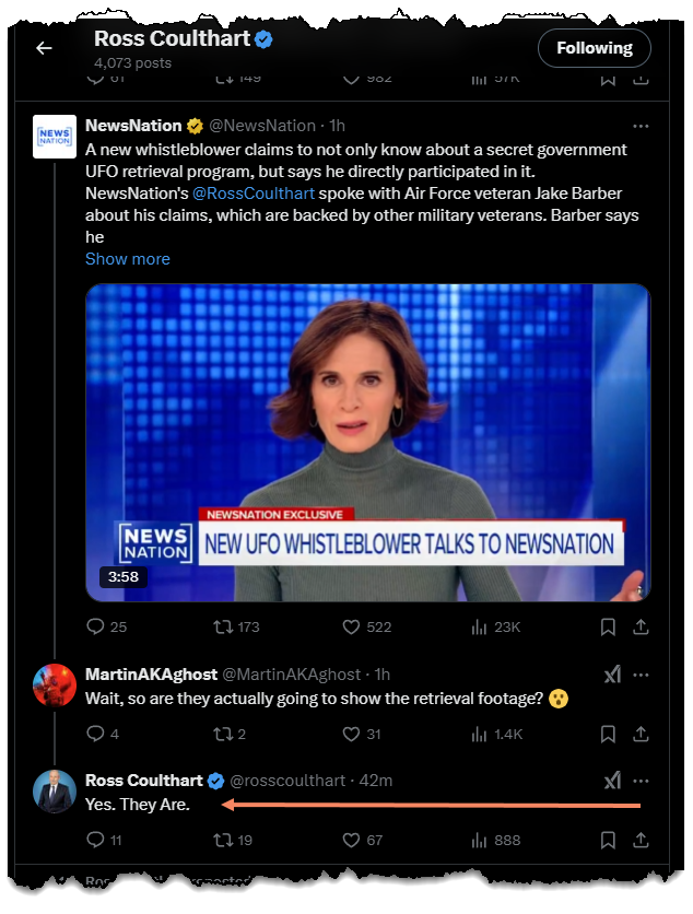 theblackvault's tweet photo. 🚨 Ross Coulthart (@rosscoulthart), the @NewsNation journalist interviewing a new "UFO Whistleblower" on Saturday night who says he believes he retrieved non-human UAP wreckage while working as a helicopter pilot, said they will show "retrieval footage" during the piece. https://t.co/2zCDNd2q4i